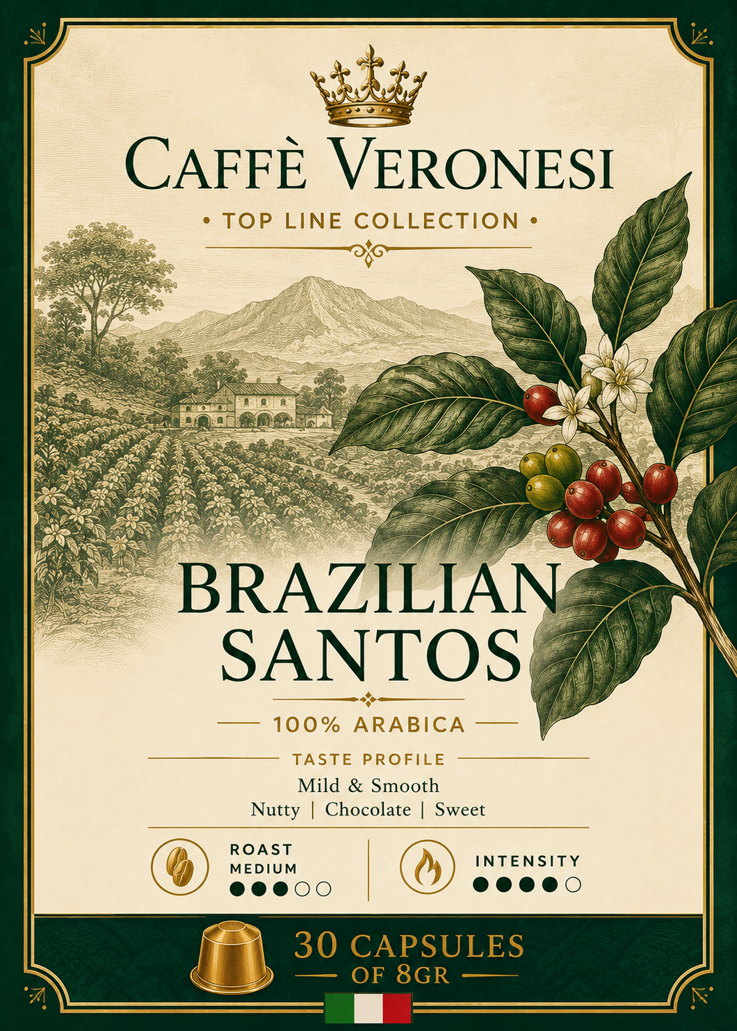 Brazilian Santos 100% Arabica.  30 capsules de 8gram