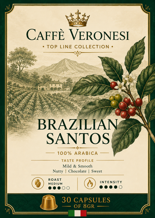 Brazilian Santos 100% Arabica.  30 capsules de 8gram